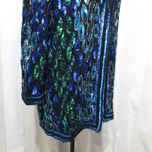 Vintage Sequin Embellished Peacock Jacket Art Deco Blue Green Purple - Picture 3 of 11